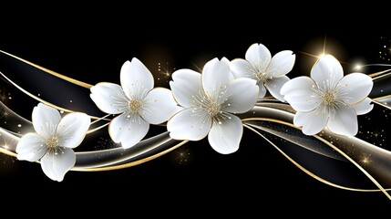 Elegant white flowers on a black background with golden lines.