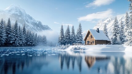 Fototapeta premium Secluded Wooden Cabin in Snowy Mountain Valley, Winter Wonderland Reflection