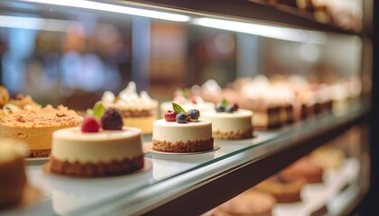 Fototapeta premium Delicious Mini Cheesecakes Displayed in a Glass Showcase at a Bakery Sweet Treats and Pastry Shop Delights