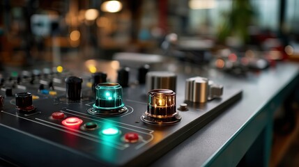 Creative DJ Mixing Console with Glowing Controls in Nightclub