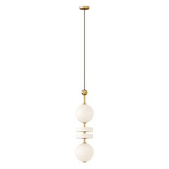 A gold and white light fixture hanging from the ceiling