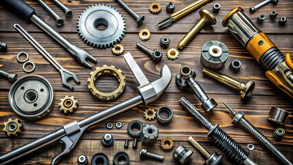 Assortment of Metal Hardware and Tools on Wood Background