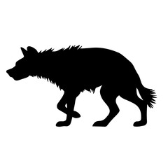 Minimalist black silhouette of a hyena in loping gait against a white background