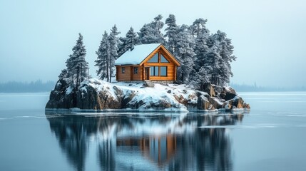 Secluded Wooden Cabin on Snowy Island, Winter Wonderland Reflection