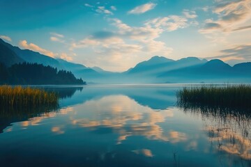 Serene Lake Sunrise: Majestic Mountains Reflected in Calm Water