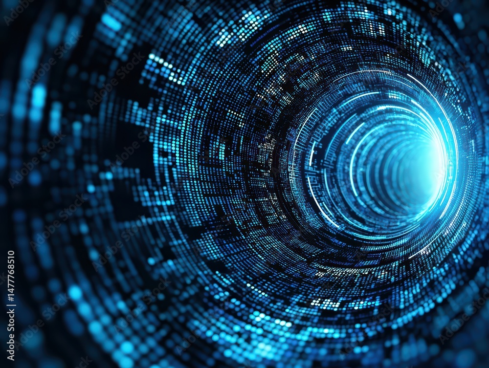 Poster digital vortex visualization with dynamic blue dots and light pattern creating an abstract technolog
