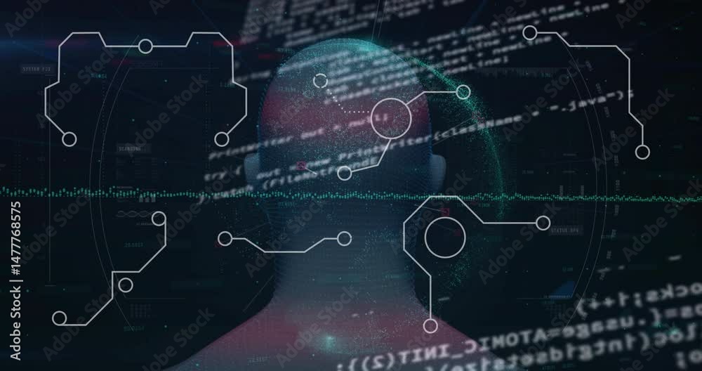 Poster digital head mesh glowing in virtual interface, streaming code lines and circuit diagrams