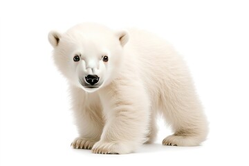 Obraz premium A polar bear cub, with its thick white fur and curious expression, standing on a white background.