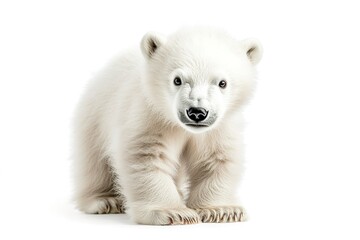 A polar bear cub, with its thick white fur and curious expression, standing on a white background.