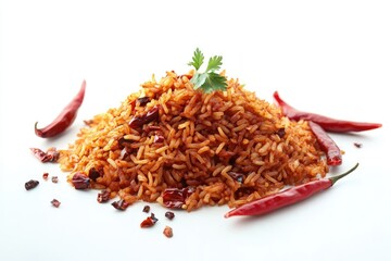 Spicy Red Rice Dish with Chili Peppers Garnish, Close-up Studio Shot