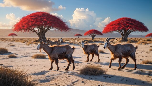 A herd of goats grazes peacefully beneath vibrant red trees in a sun-drenched desert landscape. The scene is serene and evokes a sense of quiet beauty. - Powered by Adobe
