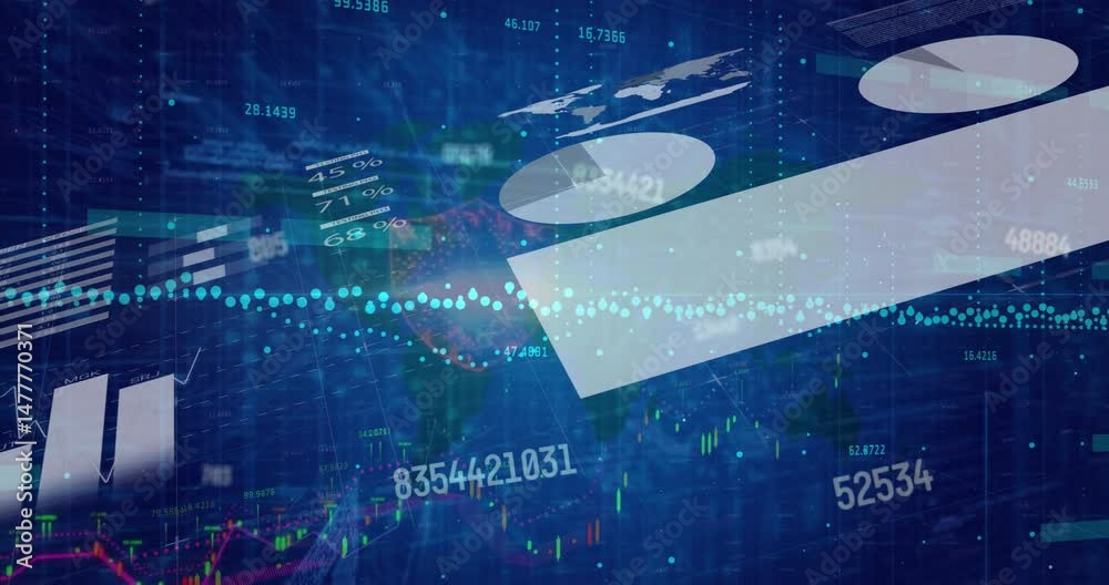 Poster data dashboard being visualized in animated illustration, showing pie slices and bar graphs
