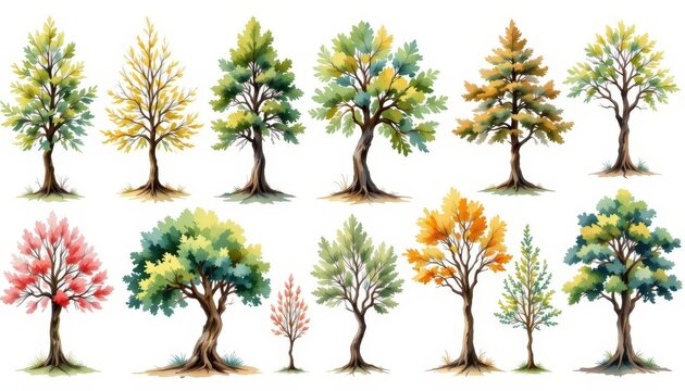 tree hand painted watercolor collection, isolated on white background, clipart