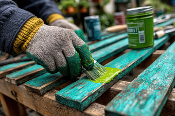 Painting a wooden garden chair with green paint, worker wearing gloves and focused on renewing furniture, refreshing the outdoor living area