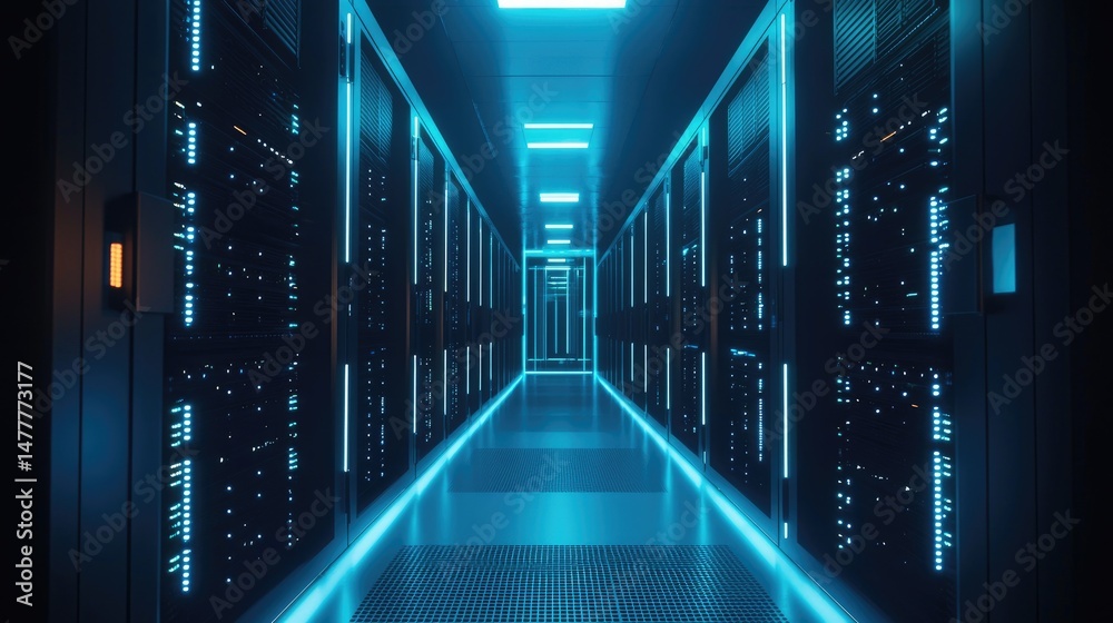 Leinwandbilder blue ambient lighting in a server corridor with grid flooring and uniform cabinet lines, used to por