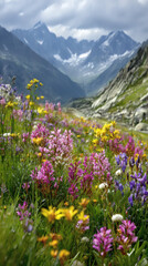 Obraz premium A stunning vista of a mountain valley adorned with wildflowers on a bright day.