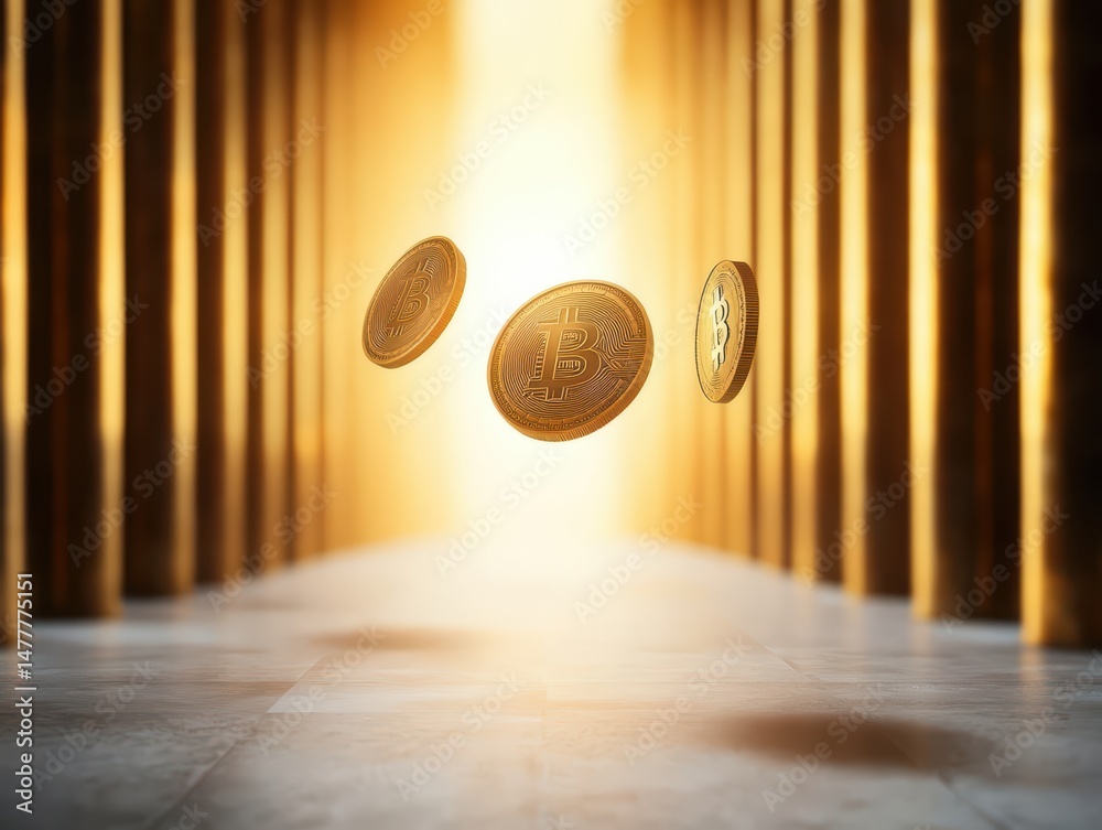 Poster floating bitcoin coins in golden light with abstract background and vertical columns representing vi