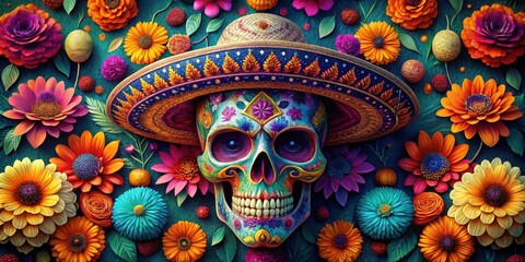 Fototapeta premium Vibrant Floral Arrangement Featuring an Ornate Sugar Skull Adorned with a Wide-brimmed Hat