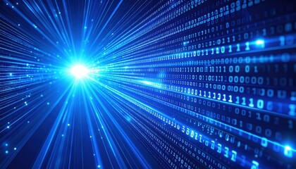 Digital binary code and rays of data streams flow through a glowing virtual space at high speed