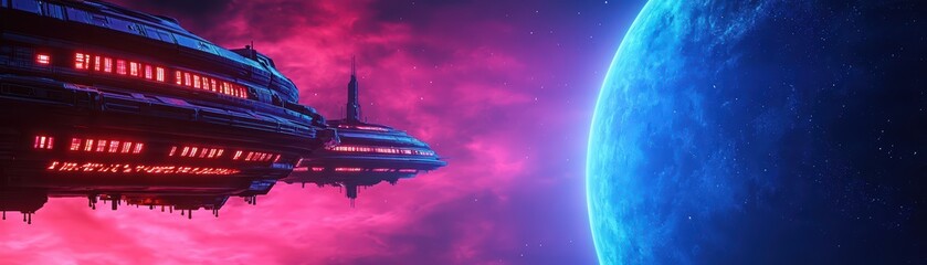 Obraz premium Futuristic Spacecraft Near Colorful Planet in Vibrant Cosmic Landscape
