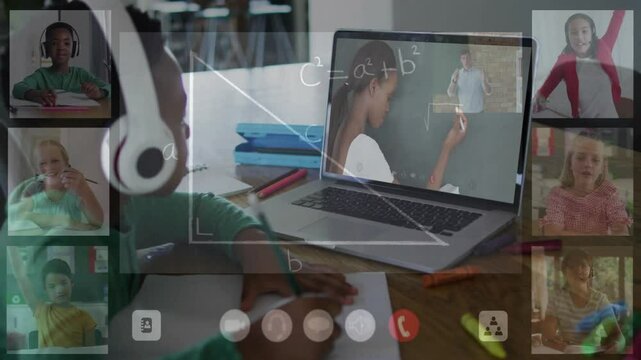 Child wearing headset writing notebook in virtual class showing teacher writing chalkboard theorem