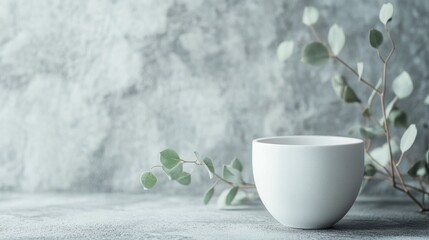 Serene still life, white ceramic bowl with eucalyptus branch on textured surface