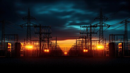 Fototapeta premium Sunset Over Outdoor Transformer Yard with Metal Fence