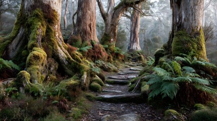 path surrounded by giant ferns, mossy trunks, and glowing morning light