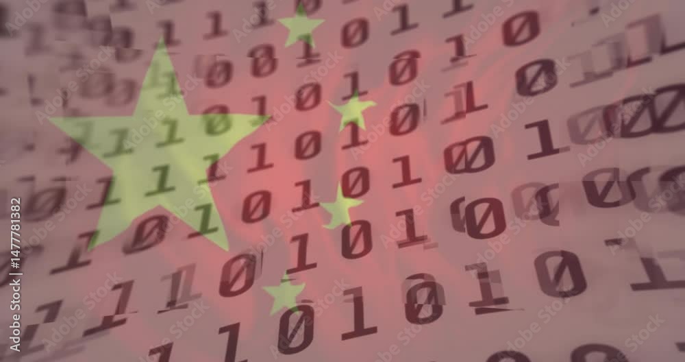 Poster chinese-style star pattern being animated in flat design, revealing dark binary code overlay