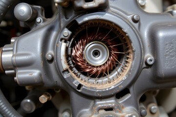 Fototapeta premium Intricate Machinery Detail: A detailed capture showcases a core engine component. Copper coils sit within a metal housing, symbolizing the core of mechanical precision and engineering prowess. 