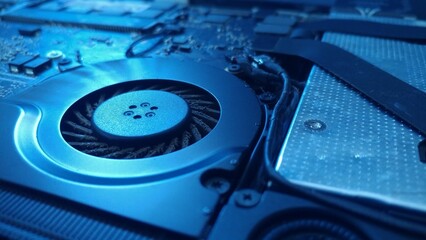A close-up photograph highlighting the cooling fan situated on a laptop motherboard, essential for...