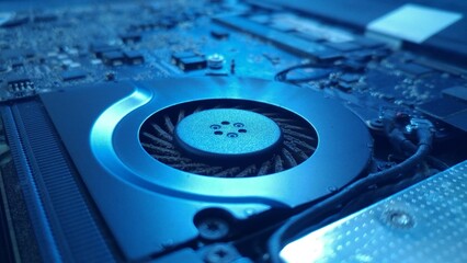 A photograph emphasizing the laptop's cooling fan in relation to the surrounding circuitry on the...