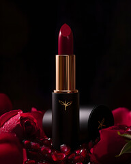 Scarlet Lipstick and Crimson Roses: An eye-level shot showcases a bold, scarlet lipstick in focus, artfully arranged amid velvety crimson rose petals, a testament to beauty and allure.