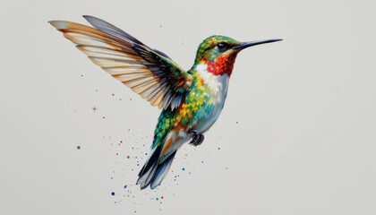 Fototapeta premium a delicate watercolor painting of a hummingbird, wings a blur of iridescent color, isolated on a clean white background.