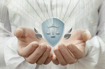 Hands holding a shield with scales of justice