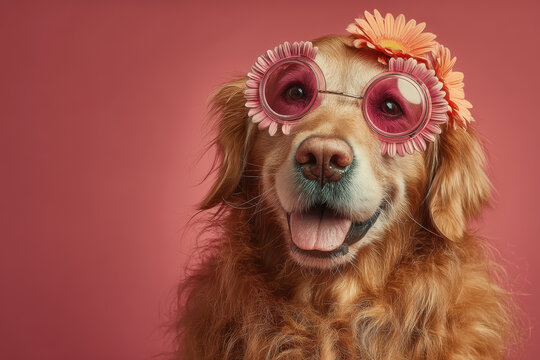 Golden retriever dog with big pink flower-shaped sunglasses on, standing against a bold pink background, capturing a whimsical and joyful vibe