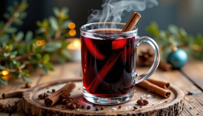 a warm and comforting image of a glass of mulled wine, with cinnamon sticks and cloves adding a touch of holiday charm.