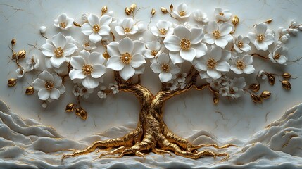 Elegant Tree Of Life With White Blossoms And Golden Accents High Resolution Photo