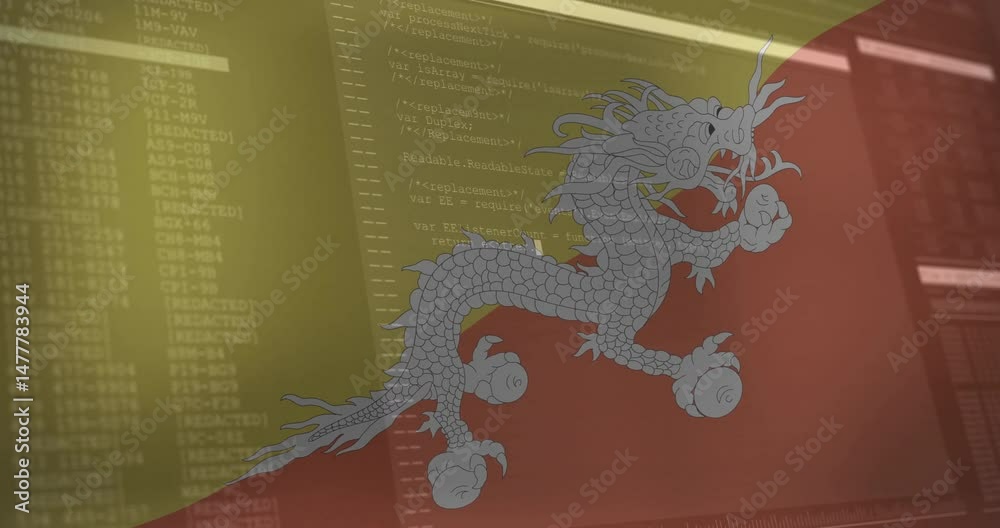 Poster white dragon emblem floating across yellow red diagonal flag while showing code overlay