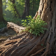 Fototapeta premium Delicate green shoot pushing through weathered stump, sunlight illuminating detail , texture, botany
