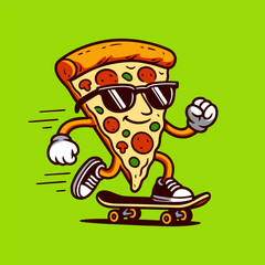 Playful and vibrant cartoon illustration of a pizza slice character riding a skateboard.