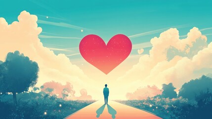 A man walking towards a large heart in a peaceful landscape