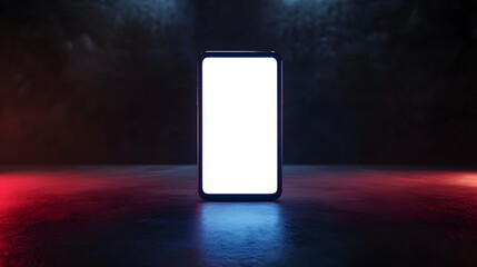 Modern Smartphone: A sleek smartphone with a bright, blank screen, set against a dark background with dramatic lighting, perfect for showcasing your design or message.