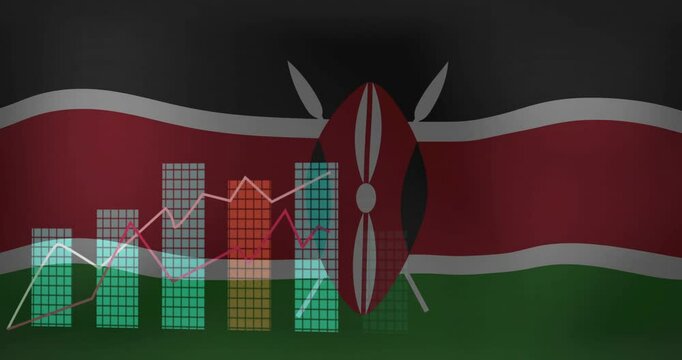 Visualizing Kenyan flag backdrop with bar charts and line graphs around Maasai shield with spears