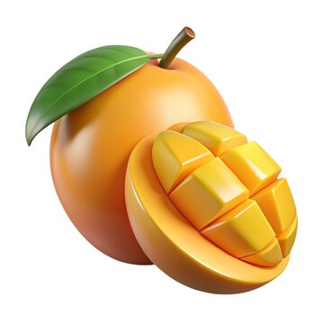 recommend clip art: 3D a bright ripe mango fruit and sliced mangowith a shiny, glossy surface with leaves. 3d render icons in realistic plastic style isolated on white background. 3d image