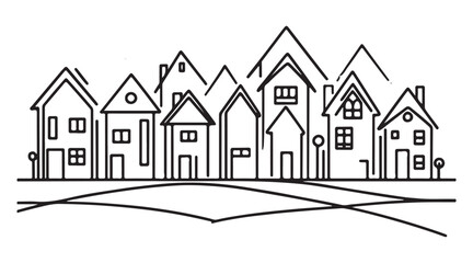 Suburban neighborhood houses landscape line art scenery vector drawing