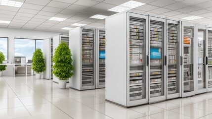 A large room with many white cabinets and a potted plant