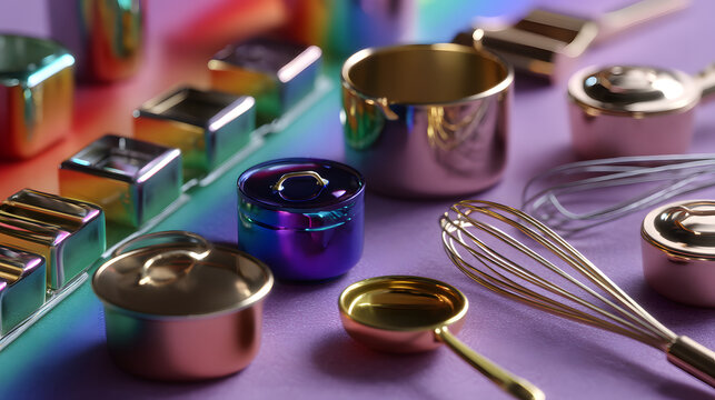 Golden Kitchen Tools on a Purple Canvas: A meticulously curated collection of reflective, golden and metallic kitchen tools. An explosion of culinary charm.