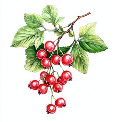 Fresh Red Berries with Green Leaves on a Branch Isolated on White Background for Botanical Illustration