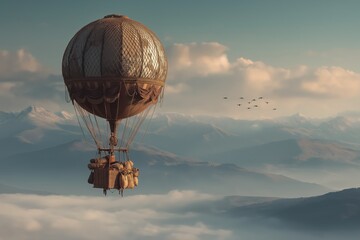 Hot Air Balloon Over Misty Valley with Mail Sacks and Morning Light